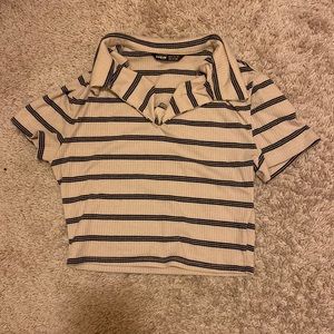 SHEIN cream, black, and white crop top v neck